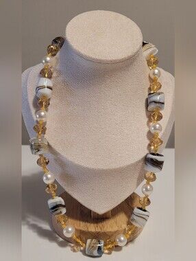 Vintage Lampwork Art Glass Necklace & Earrings Set | Faux Pearl & Amber Crystal
